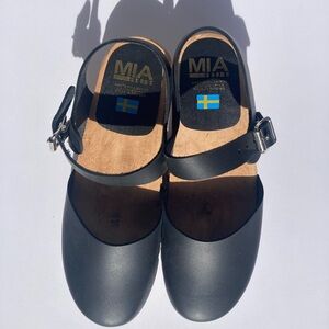 MIA Swedish Sofia Clogs - Black Leather Platform Wood base EU 40 US 9.5